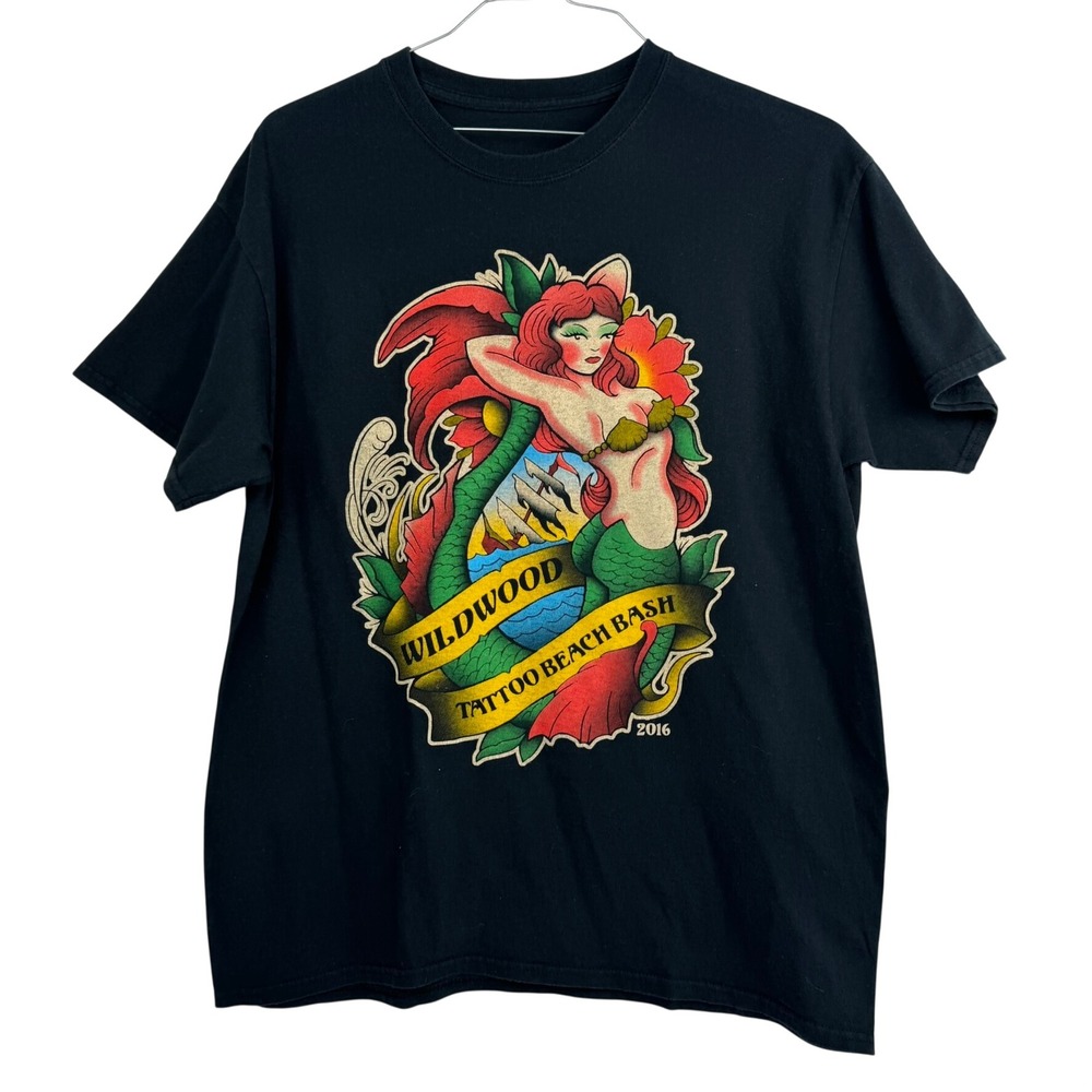 Wildwood Tattoo‎ Beach Bash 2016 Mermaid Graphic T-Shirt Men's Medium Black